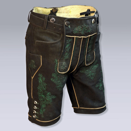 Preview: Lederhose Altschwarz AuSee mit Gürtel - Grün Stick